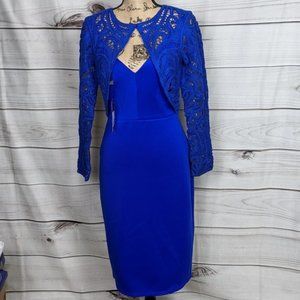 Tadashi Shoji blue lace shrug sheath dress size 6
